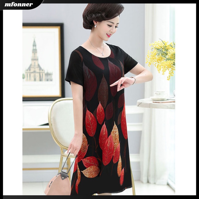 Đầm Midi Tay Ngắn Cổ Tròn Dáng Chữ A Vải Lụa Lạnh In Hoa Thời Trang Cho Bạn Gái