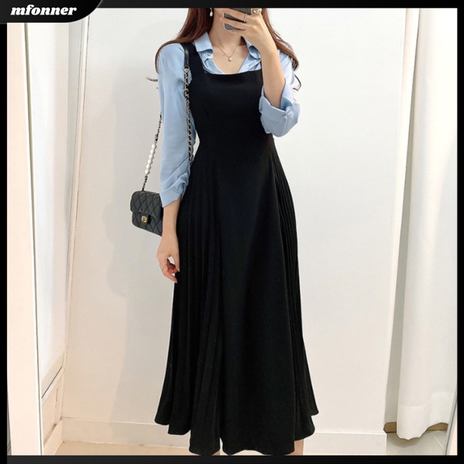 Đầm Dài Hai Dây Cổ Chữ V Xếp Ly Màu Trơn Thời Trang Cho Nữ