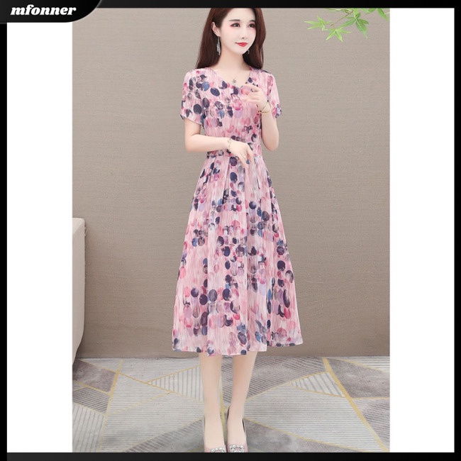 Đầm Midi Chữ A Tay Ngắn Cổ Chữ V Vải Lụa Lạnh In Hoa Thời Trang Mùa Hè Cho Bạn Gái