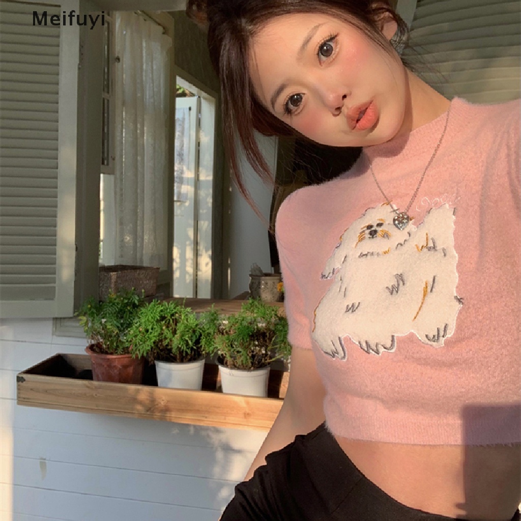 Áo Thun Croptop Dệt Kim Tay Ngắn Cổ Tròn Dáng Ôm In Hình Chú Chó Hoạt Hình Thời Trang Mùa Hè Cho Nữ