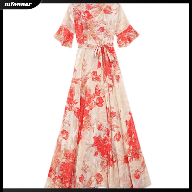 Đầm Tay Ngắn Cổ Chữ V Ôm Eo Thoáng Khí In Họa Tiết Hoa Phong Cách Phương Tây Thời Trang Mùa Xuân Cho Nữ