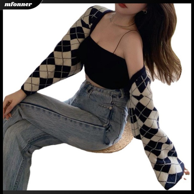 Áo Khoác Cardigan Dệt Kim Tay Dài Dáng Ngắn Ôm Hở Vai Họa Tiết Hình Thoi Thời Trang Cho Nữ