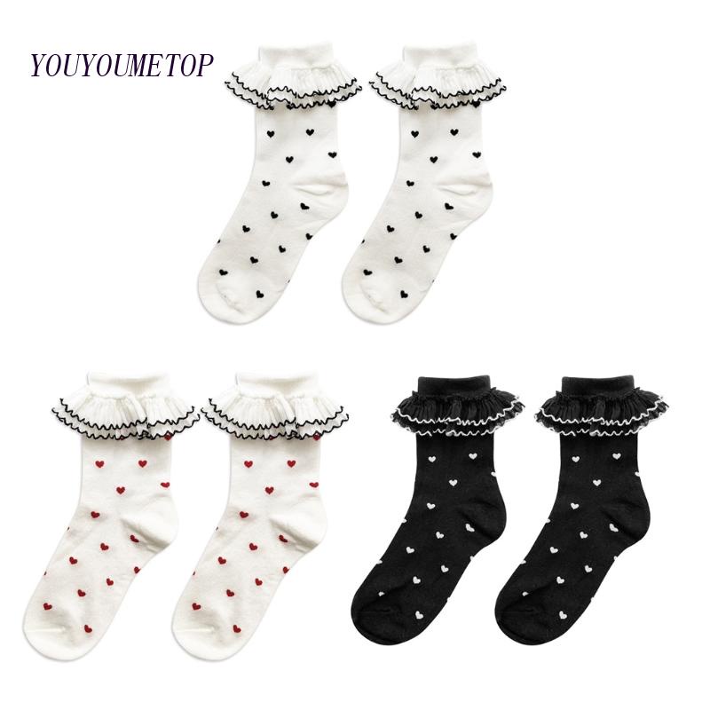 Youyo Vớ Ngắn Hai Lớp Diềm Xếp Nếp In Hình Trái Tim Nhỏ Phong Cách Lolita Nhật Bản Ngọt Ngào Cho Nữ Sinh
