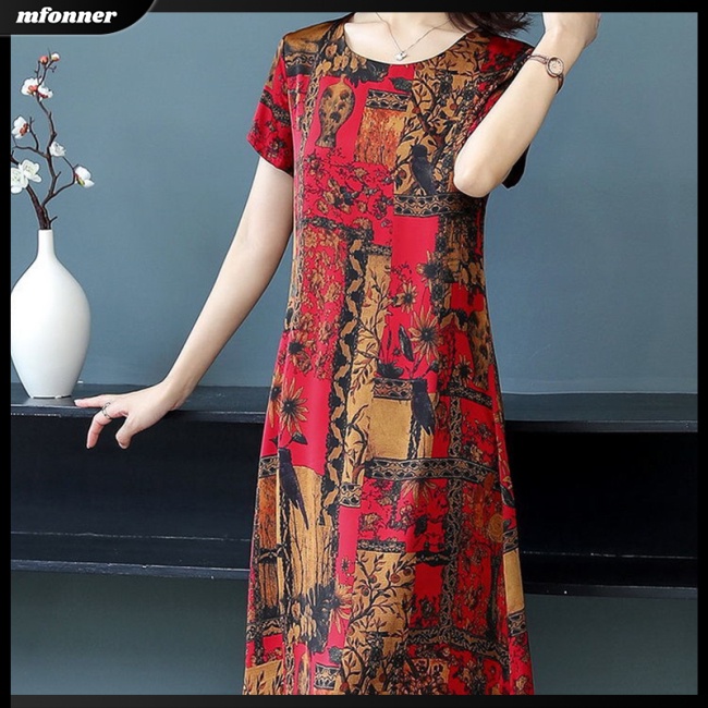 Đầm Midi Giả Lụa Lạnh Tay Ngắn Cổ Tròn Dáng Rộng Thời Trang Cho Nữ