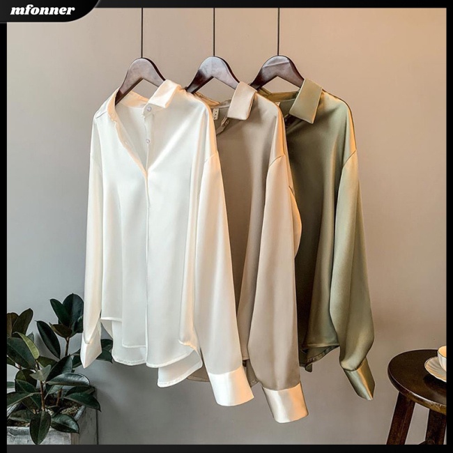 Áo Sơ Mi Satin Dài Tay Dáng Rộng Màu Sắc Đơn Giản Thanh Lịch Cho Nữ