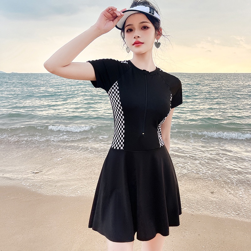 Đầm Bơi Một Mảnh Tay Ngắn Họa Tiết Sọc Caro Phong Cách Thể Thao Thời Trang Cho Nữ