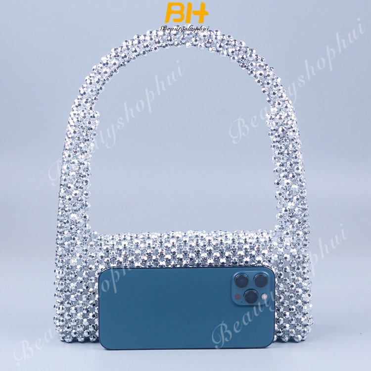 Túi Xách Đeo Vai Đính Hạt Acrylic Màu Bạc Phong Cách Mới