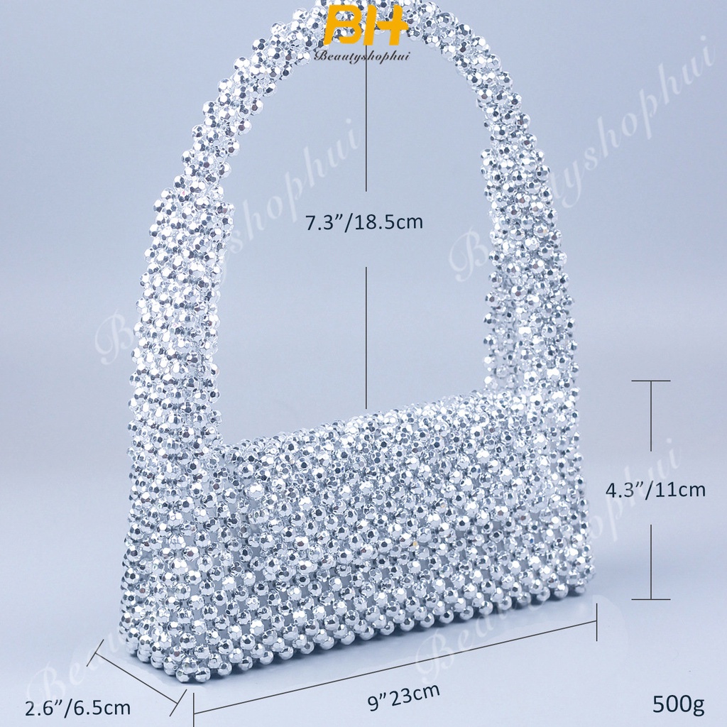 Túi Xách Đeo Vai Đính Hạt Acrylic Màu Bạc Phong Cách Mới