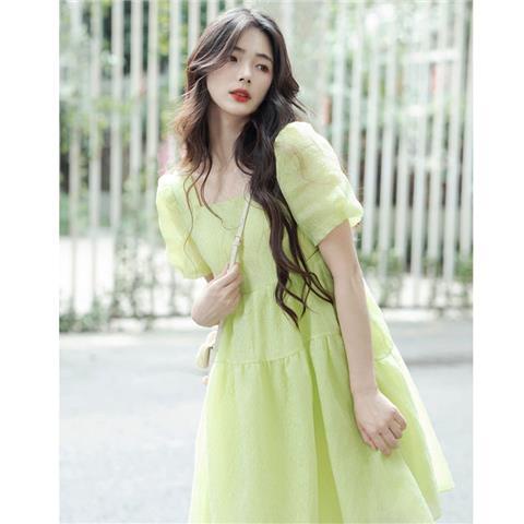 Ru Đầm Công Chúa Tay Phồng Màu Trà Xanh Lá Mùa Hè Phong Cách Pháp Ngọt Ngào Siêu Thơ Mộng Cho Nữ