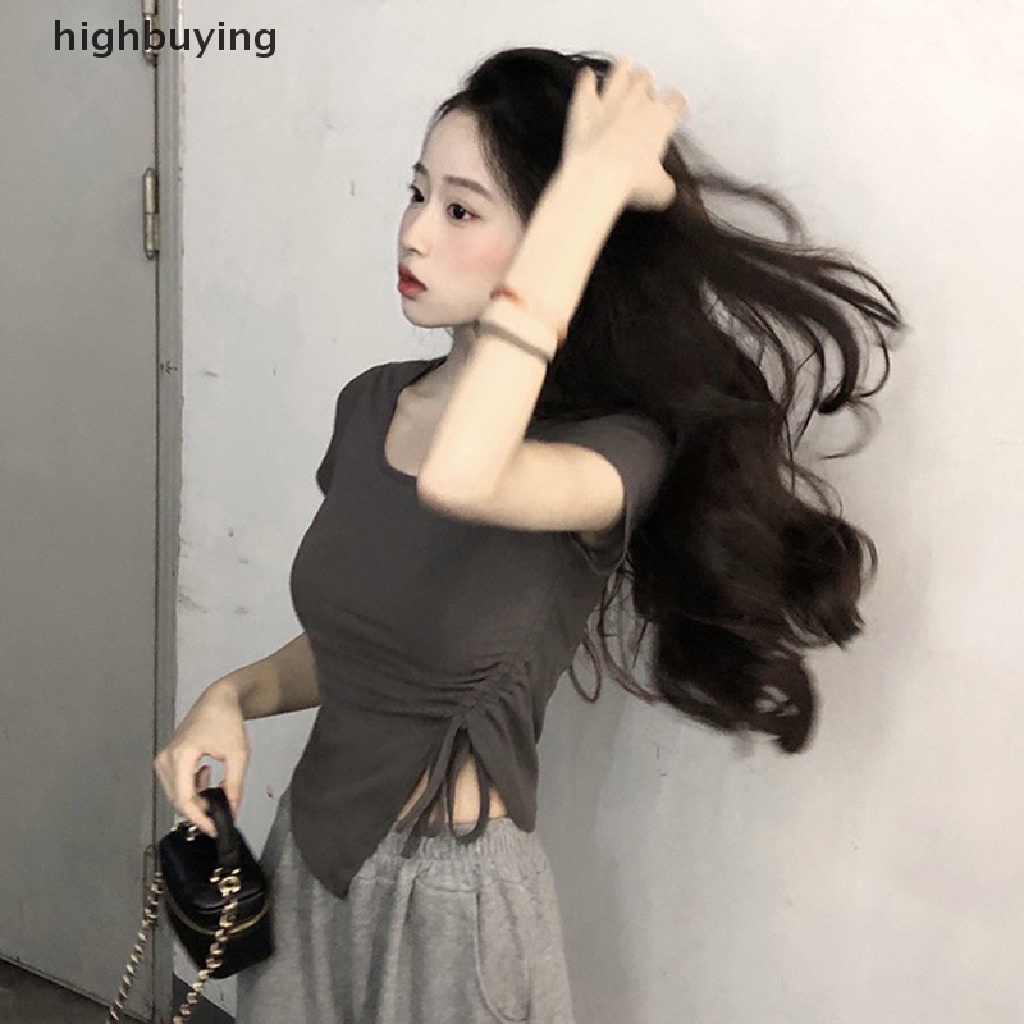 Áo Thun Tay Ngắn Cổ Vuông Màu Sắc Đơn Giản Cho Nữ