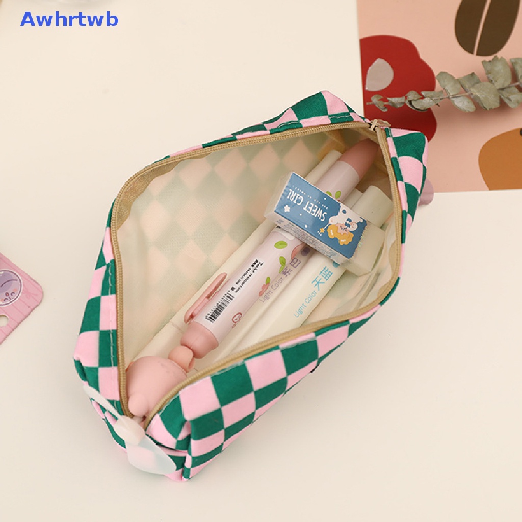 Túi Đựng Bút Chì / Mỹ Phẩm Awhrtwb Bằng Vải Canvas Kẻ Ô Dung Tích Lớn Dễ Thương Sáng Tạo Mới