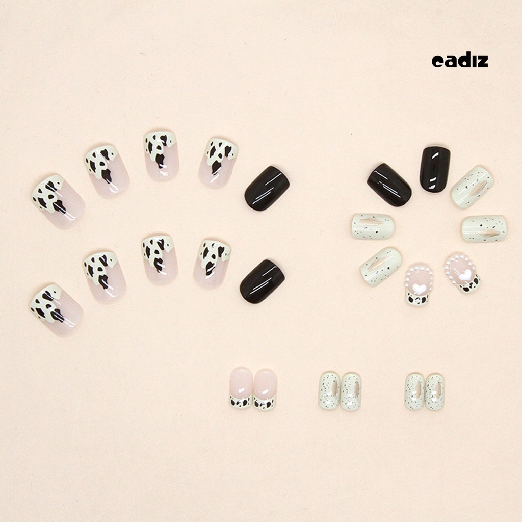 Bộ 24 Móng Tay Giả Đính Đá / Ngọc Trai / Kim Cương Giả / Họa Tiết Bò Sữa Tinh Tế Dễ Tháo Rời DIY