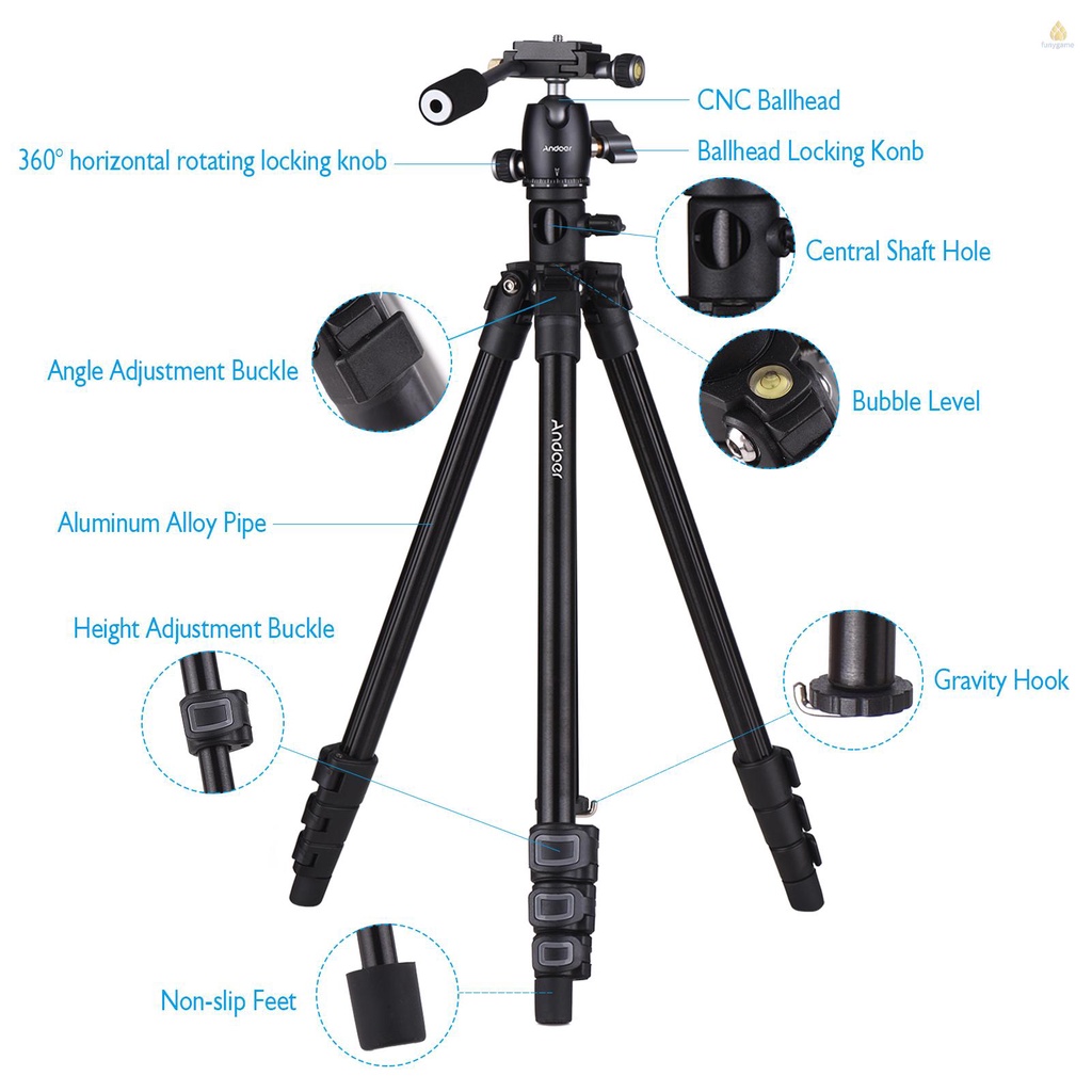 Giá Đỡ Máy Ảnh Andoer Bằng Hợp Kim Nhôm Kích Thước 154cm / 60.6in Max Dụng Cụ Đo Chiều Cao 360 Độ Xoay 360 Độ° Phụ Kiện Kẹp Điện Thoại Chịu Tải 5kg / 11lbs 5kg Có Thể Xoay Tiện Dụng