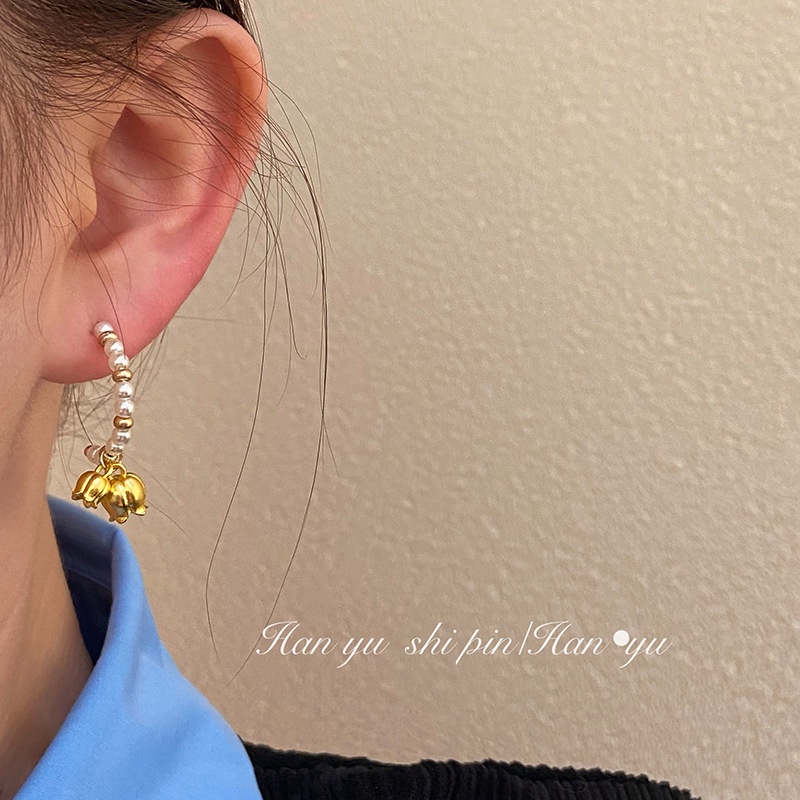 Bông Tai Hoa Lily Đính Ngọc Trai Sang Trọng Phong Cách Pháp Thời Trang Cho Nữ