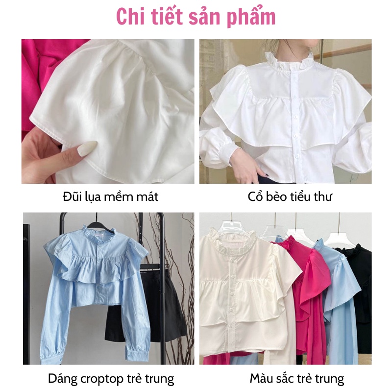 Áo sơ mi croptop nữ cổ tàu bèo tiểu thư dáng ngắn lửng dài tay bồng chất đũi lụa mềm mát phong cách hàn quốc ASM15