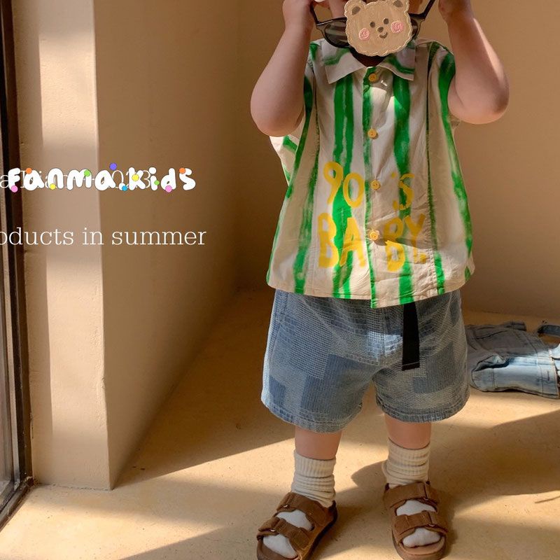 Áo Sơ Mi Cotton Họa Tiết Kẻ Sọc In Chữ Phong Cách Hàn Quốc Thời Trang Mùa Hè Mới Cho Bé Trai