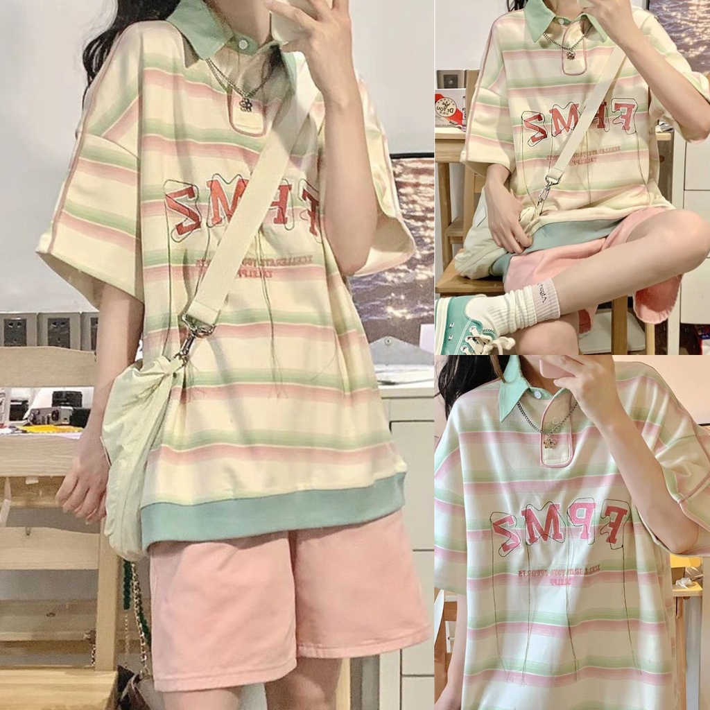 Áo polo Tay Ngắn Dáng Rộng Họa Tiết Kẻ Sọc Thời Trang Mùa Hè Mới Cho Nữ