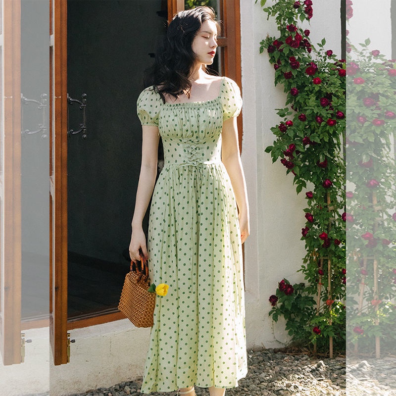 Đầm Cổ Vuông Họa Tiết Chấm Bi Màu Xanh Lá Phong Cách Retro Pháp Thời Trang Mùa Hè Hàng Mới 2023