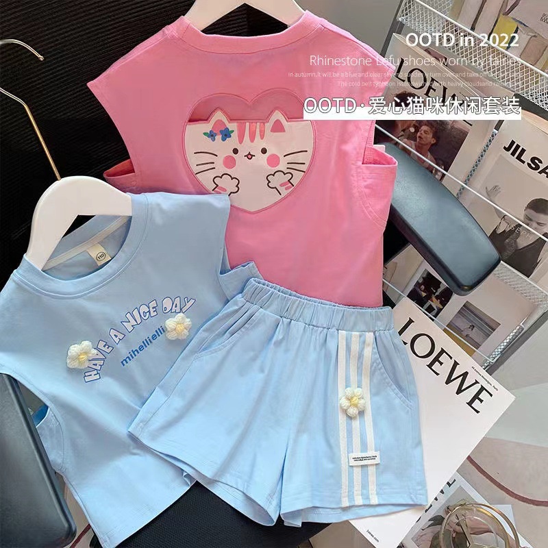 Set Áo Thun Ba Lỗ Và Quần Short In Hình Mèo Đáng Yêu Hzffc0042