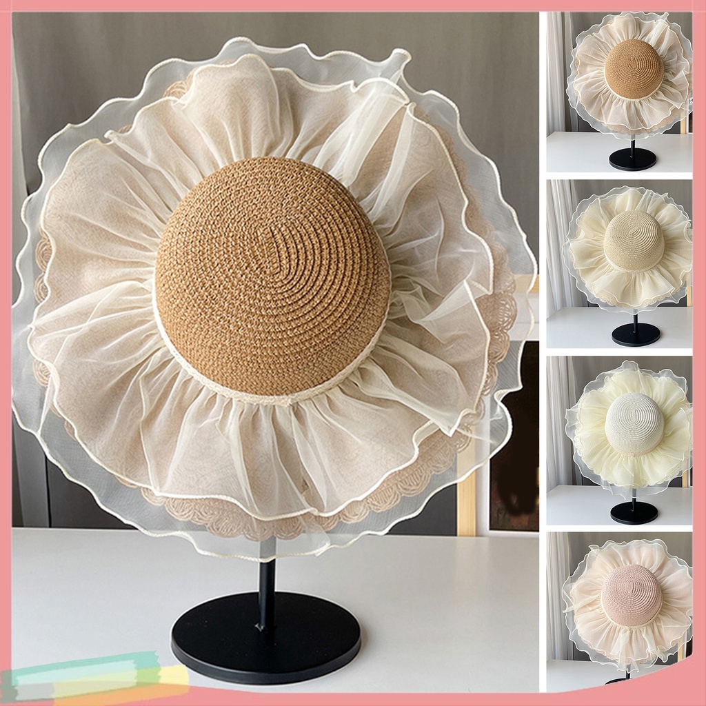 Nón Cối Rộng Vành Phối Lưới Thời Trang Đi Biển Cho Nữ