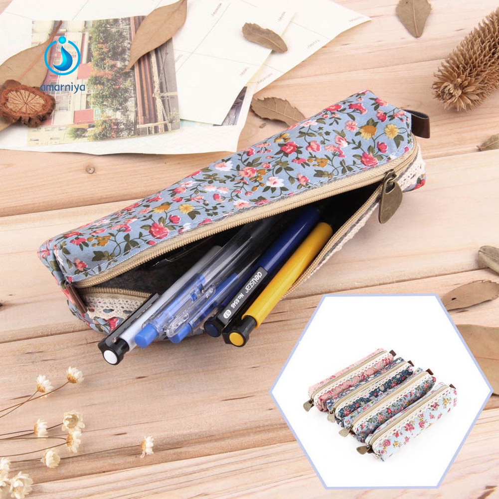 (Shop Amart) Túi Đựng Bút In Hoa Có Dây Kéo Thời Trang