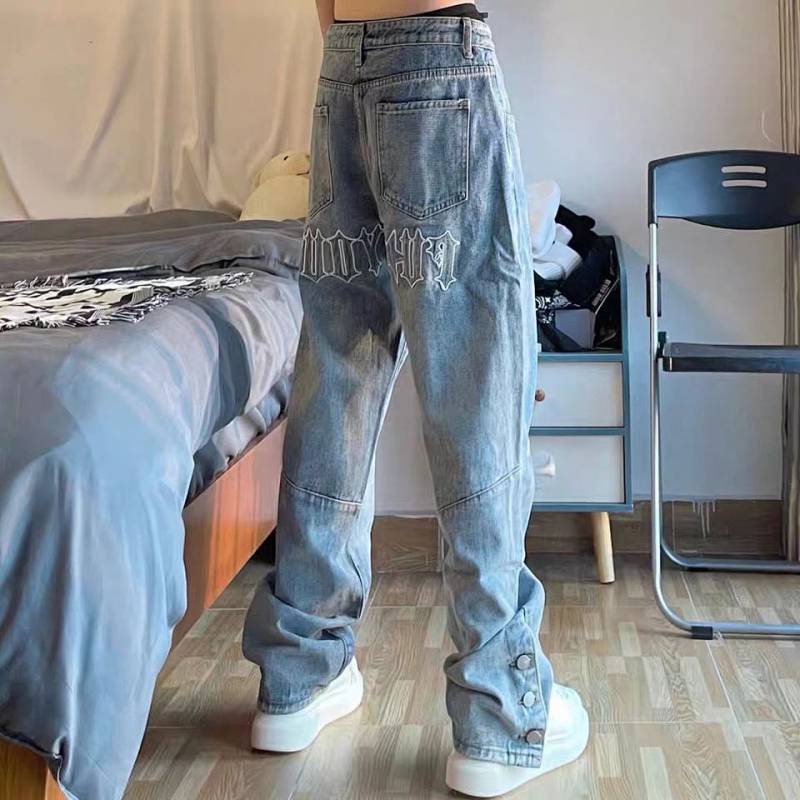 American Street Letter Embroidered Jeans Men's European and American High Street Row Button Pants Loose Hip Hop Wide Leg Trousers Ins Fashion X8Ds