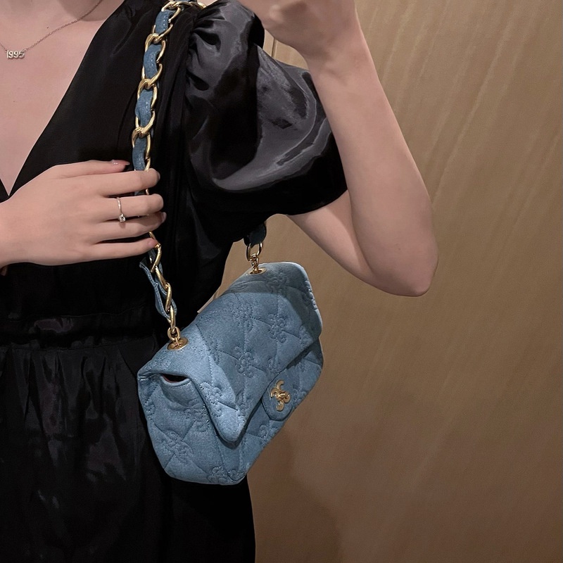 Ielgy Túi Xách denim Đeo Cánh Tay Phối Dây Xích Hình Thoi Nhỏ Phong Cách retro Cao Cấp Cho Nữ