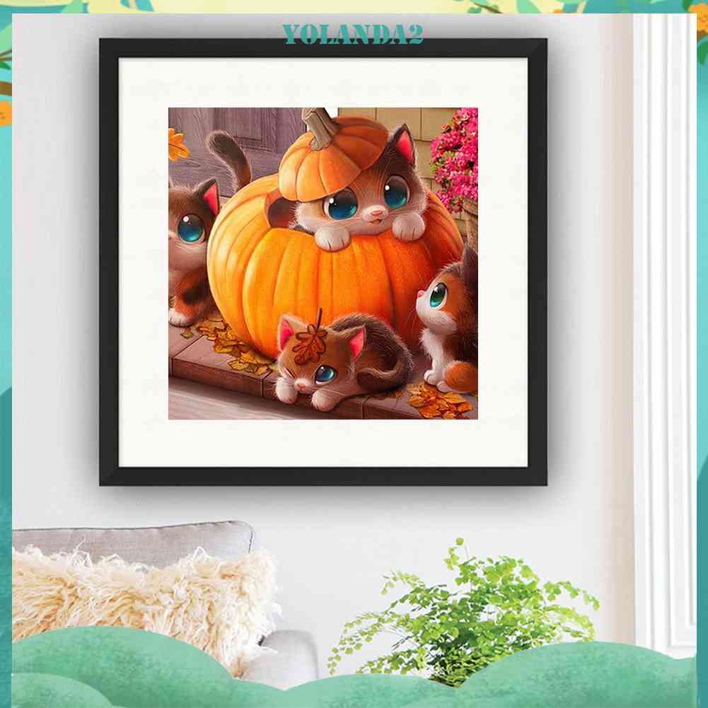 Bộ Tranh Đính Đá 5D Toàn Diện Họa Tiết Mèo Và Bí Ngô Độc Đáo DIY Dùng Trang Trí Nhà Cửa
