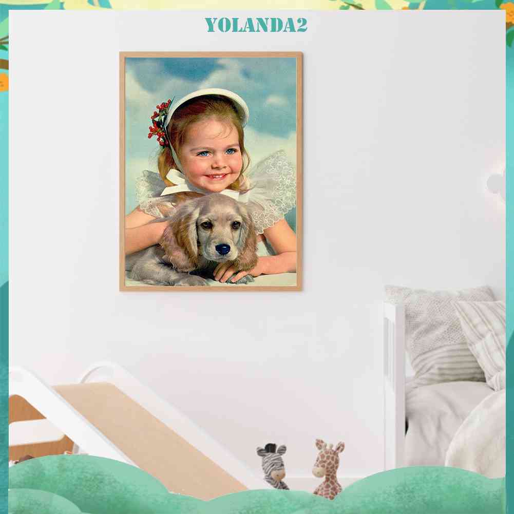 Tranh Đính Đá Kim Cương Toàn Bộ 5D DIY Hình Vẽ Chó Bé Gái Trang Trí Tường