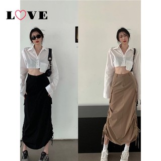 Set áo sơ mi trắng lửng phối chân váy dây rút xẻ tà thời trang 2023