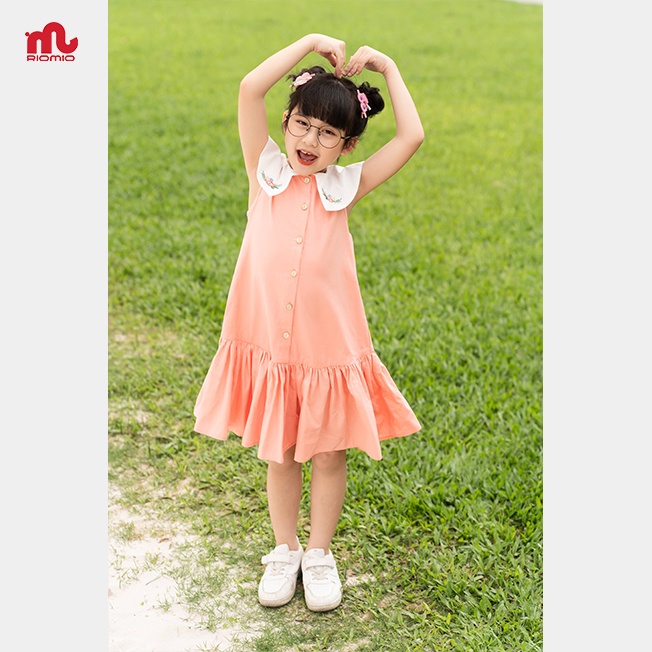 Váy sát nách bé gái Riomio đầm thô cotton cao cấp cổ bẻ thêu hoa 3,4,5,6,7,8,9 tuổi dã ngoại đi học RV575