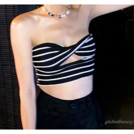 Áo Croptop Trễ Vai Không Tay Họa Tiết Sọc Ngang Quyến Rũ Dành Cho Nữ
