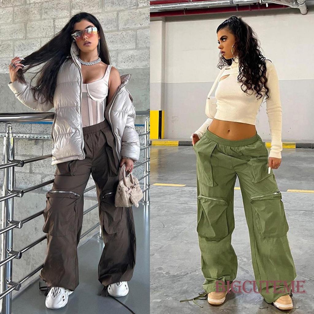 [] - Quần Ống Rộng Dây Rút Nhiều Túi Màu Trơn Giản Dị Dành Cho Nữ Màu Xanh Lá / Nâu