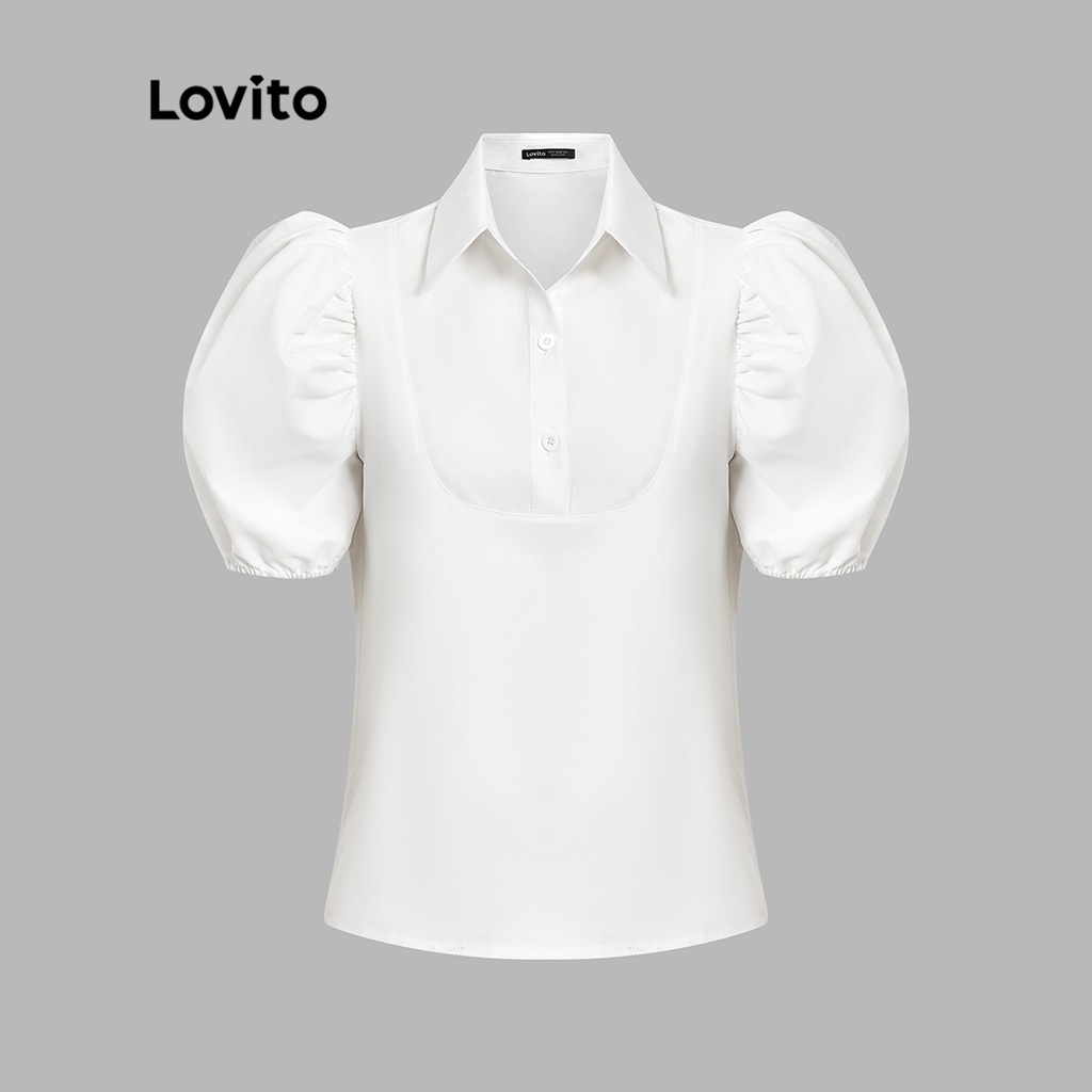 Áo kiểu LOVITO có cổ tay phồng nút cài trước màu trơn thanh lịch cho nữ L45LD020 (màu trắng)