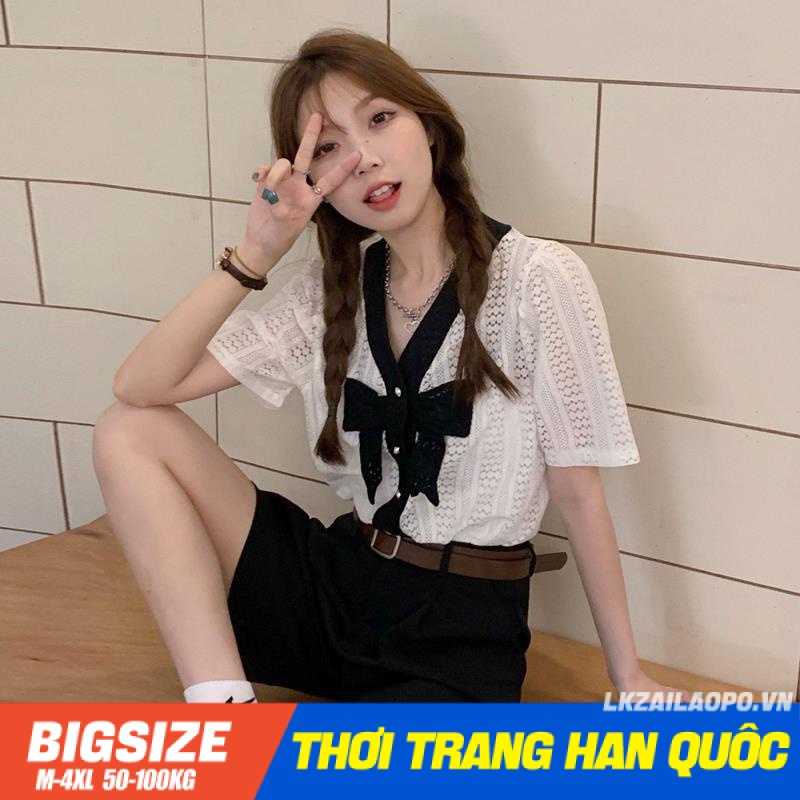 Áo sơ mi nữ tay ngắn Bigsize Áo ren tiểu thư kiểu form rộng cổ chữ v Phối Nơ mùa hè Phong cách Hàn Quốc Thời Trang đẹp