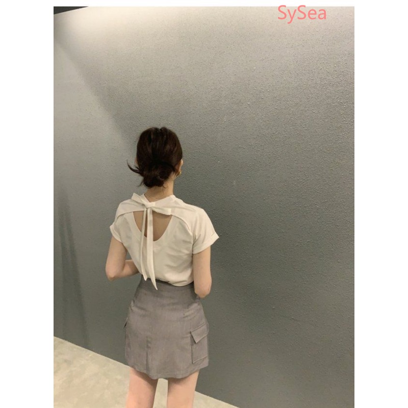 Áo Kiểu Tay Ngắn Hở Lưng Thắt Nơ Xinh Xắn Thời Trang Cho Nữ