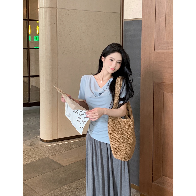 Áo Thun Xếp Ly Bất Đối Xứng + Chân Váy Chữ A Mùa Hè Mới Dành Cho