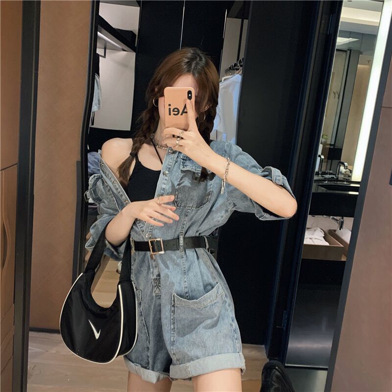 Áo Liền Quần Denim Eo Cao Dáng Ngắn Ôm Sát Phối Túi Trẻ Trung Hợp Thời Trang Hè 2023 Cho Bạn Gái