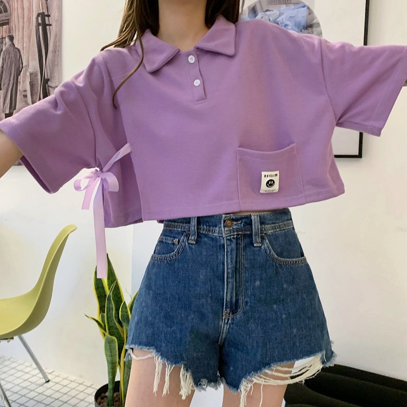 Áo polo Lửng Ngắn Tay Eo Cao Dáng Rộng Thời Trang Mùa Hè Dành Cho Nữ