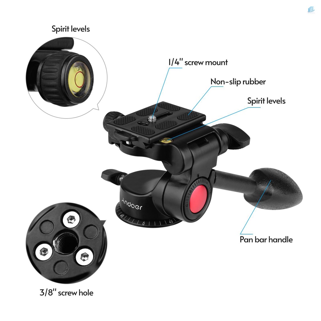 ANDOER Đầu Giảm Xóc 3 Chiều 3D Bằng Hợp Kim Nhôm Kèm Tay Cầm Chảo Hỗ Trợ 360 Độ° Giá Đỡ Ba Chân Cho Máy Ảnh Mooramic / Panoramic / Hầu hết DSLR ILDC