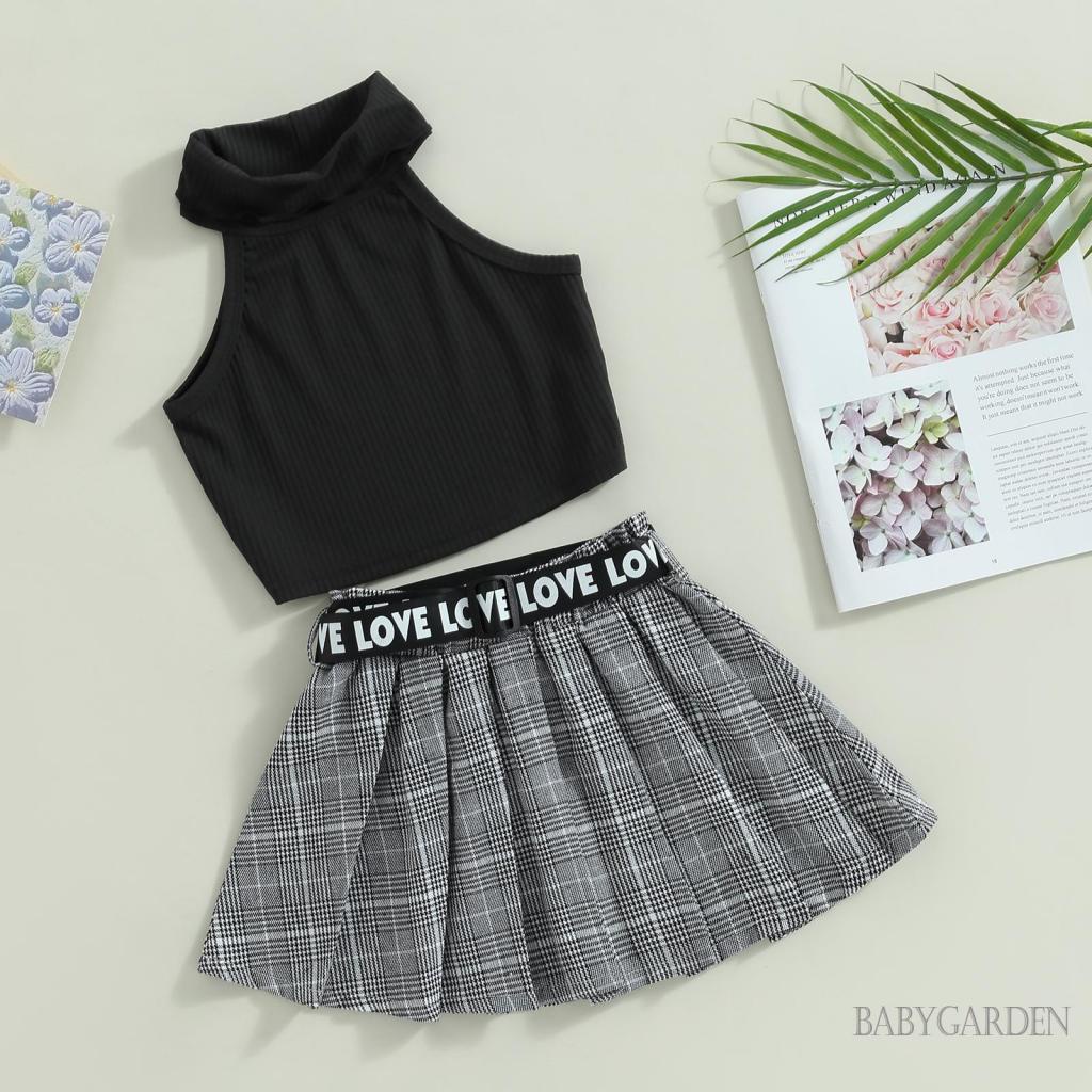 Bộ Áo Tank Top Không Tay + Chân Váy Xếp Ly Sọc Ca Rô Thời Trang Mùa Hè Xinh Xắn Cho Bé Gái 3-7 Tuổi