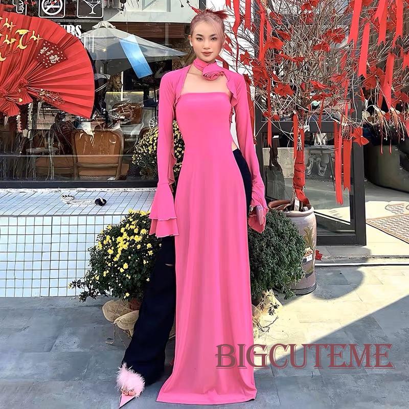 [] Đầm Dài Mùa Hè Không Dây Xẻ Tà Bên Hông Tay Dài Bolero Shrug &amp; Choker Hoa Hồng Cho Nữ