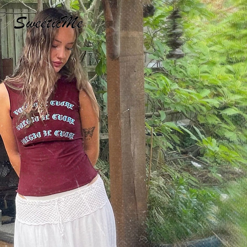 Áo Tank Top Cổ Tròn Dáng Ôm In Chữ Thời Trang 2023 Cho Bạn Gái