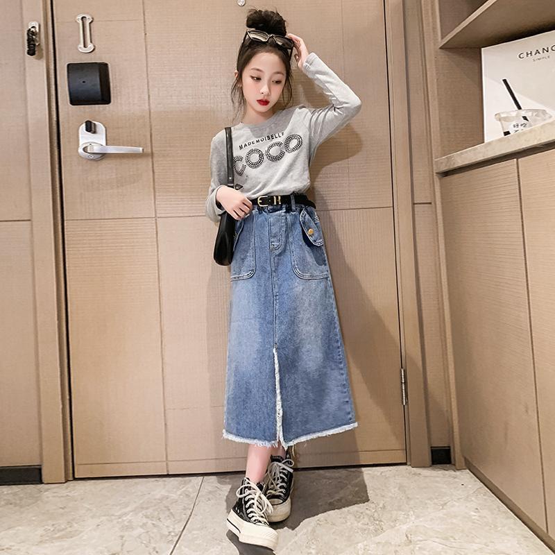Bộ Áo Tay Dài Phối Chân Váy Denim Thời Trang Mới Cho Bé Gái 5-6 - 7-8 - 9-10 - 11-12 - 13-14 - 15 Tuổi 2023