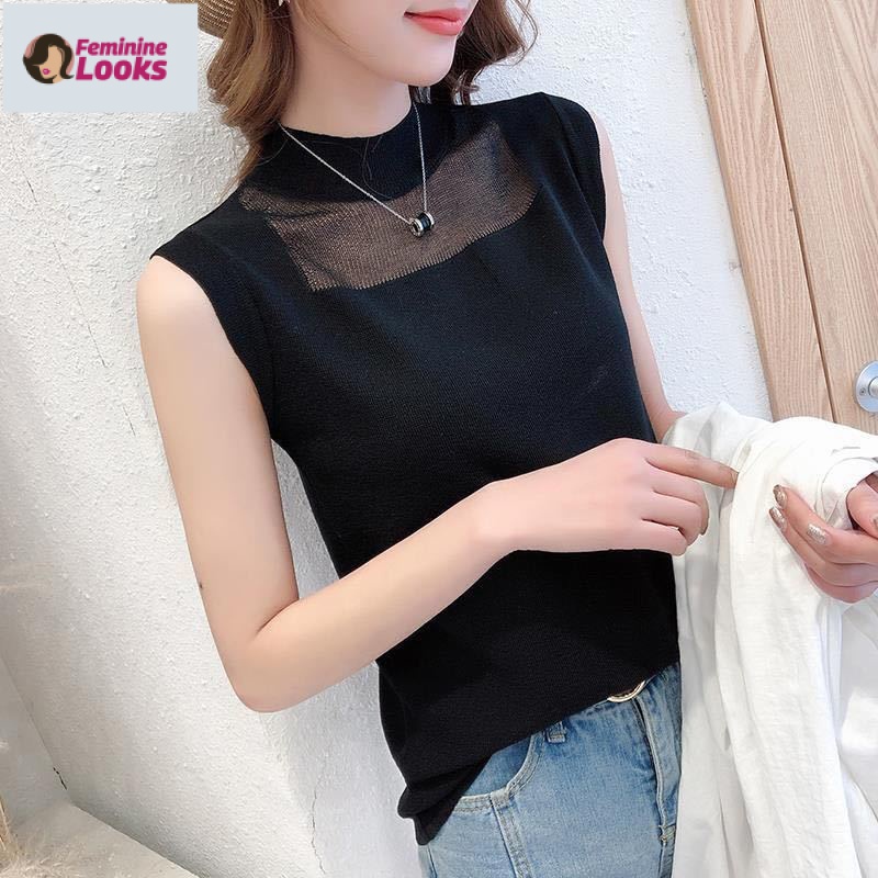 Áo Dệt Kim Sát Nách Cổ Cao Vải Lụa Lạnh Thoải Mái