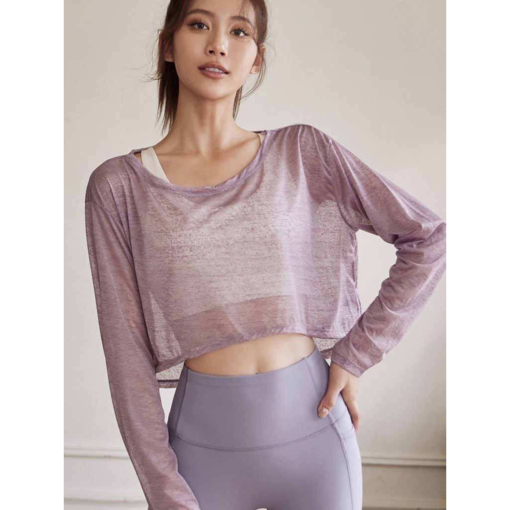 Áo Thun Thể Thao Tay Dài Dáng Ngắn Rộng Thoáng Khí Thời Trang Cho Nữ