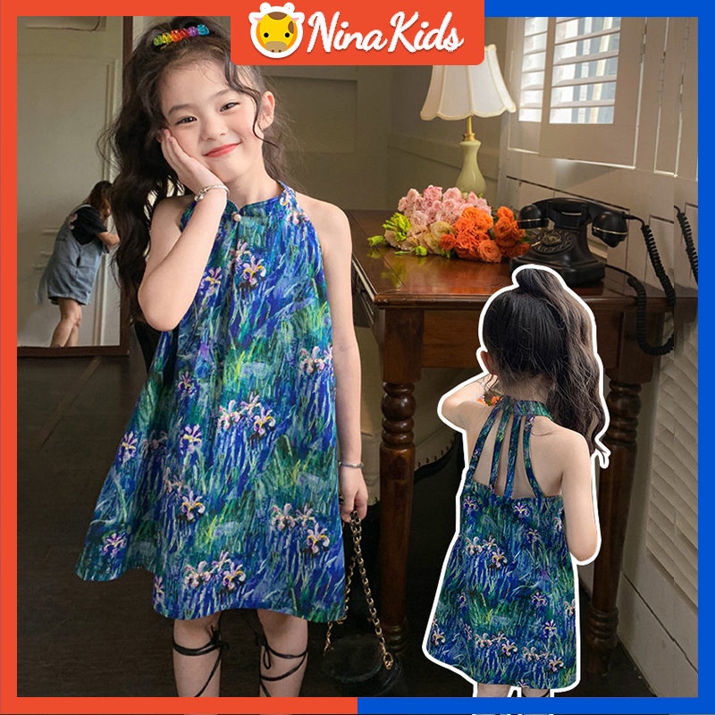 Đầm Hai Dây Đính Ngọc Trai Họa Tiết Tranh Sơn Dầu Thời Trang Mùa Hè Cho Bé Gái 1-6 Tuổi