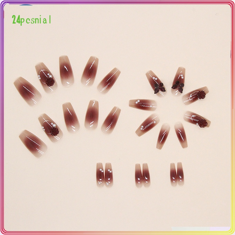 Bộ 24 Phụ Kiện Trang Trí Móng Tay Hình Hoa Trà Và Bươm Bướm Màu Đỏ San Hô Xinh XắnMóng Tay Giả 3d / Móng Tay Giả Kèm Keo Móng Dài/ nơ kèm keo dán dễ thương xinh xắn