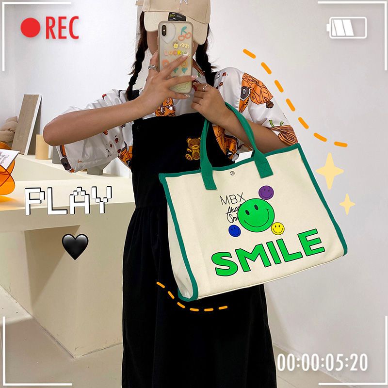 Túi Tote Đeo Vai Mùa Hè 2023 Bằng Vải Bạt In Họa Tiết Mặt Cười Phong Cách Mới Dễ Phối Đồ Cho Nữ