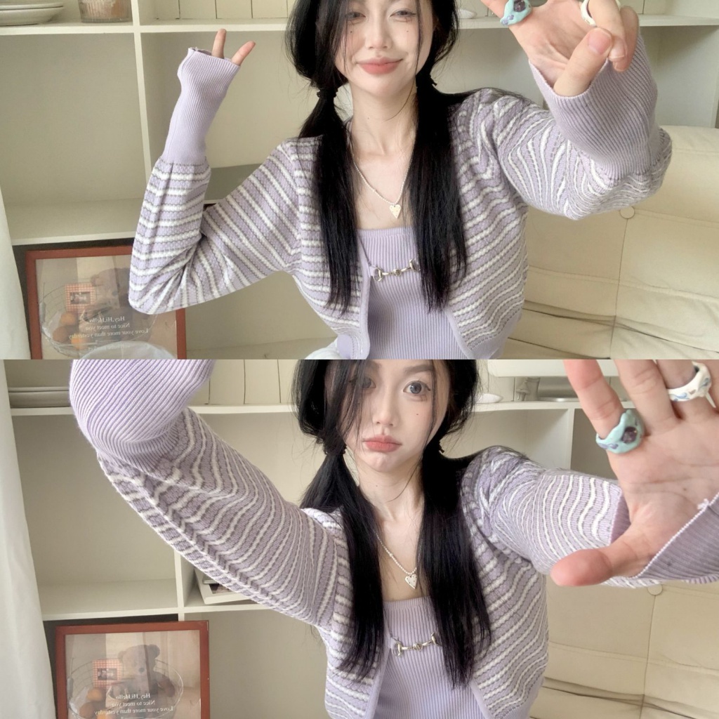 Áo Khoác Cardigan Ôm Dáng Cổ Yếm Họa Tiết Kẻ Sọc Phong Cách Xuân Hè Mới Cho Nữ
